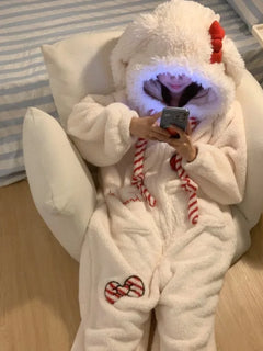 Sweet and Cute Bow Rabbit One-piece Pajamas Women's Winter New Fleece Thickened Coral Fleece Large Size Loungewear Sleepwear