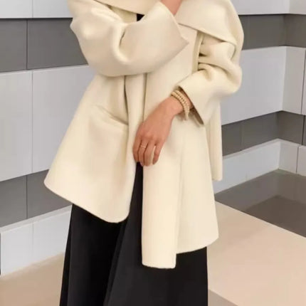 Scarf Collar 100%Wool Coat Women, Korean Fashion Elegant Outerwear, Loose Autumn Winter Jacket
