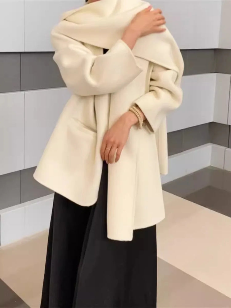 Scarf Collar 100%Wool Coat Women, Korean Fashion Elegant Outerwear, Loose Autumn Winter Jacket