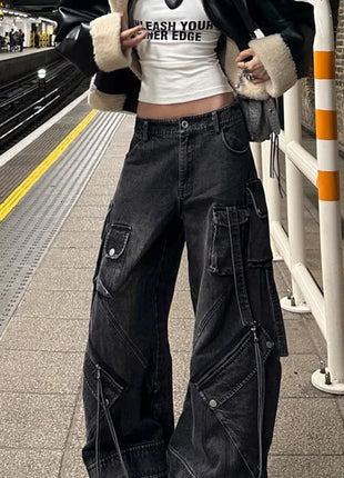 2024 stile punk Y2K streetwear lavato nero baggy cargo jeans pantaloni per le donne abiti firmati pa