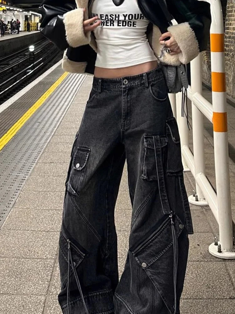 2024 stile punk Y2K streetwear lavato nero baggy cargo jeans pantaloni per le donne abiti firmati pa