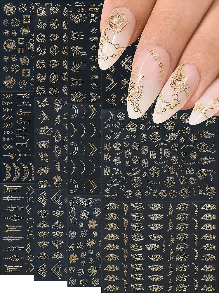 1pcs Gilded Hollow Flower Leaves Nail Art Stickers French Lines Bohemian Tassels 3D Nail Decals Rose Pattern Manicure Decoration