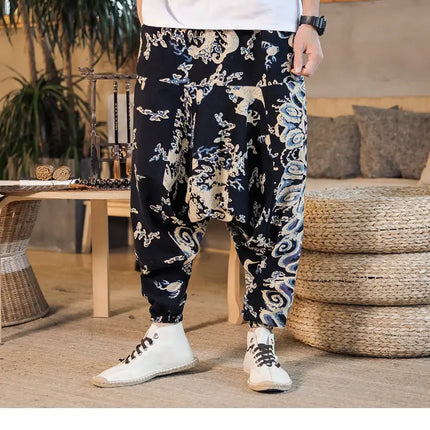 Pantaloni Harem da Uomo 2026 Stile Retrò con Stampa, Pantaloni Jogger Larghi e Comodi con Cavallo Ribassato, Stile Nepal Oversize, Pantaloni Casual da Uomo con Cavallo Ribassato