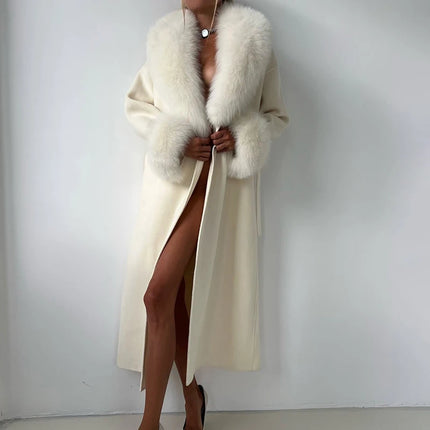 TARUXY Women Luxurious Faux Fox Fur Collar Long Jacket Elegant Solid Long-Sleeved Loose Lace Up Street Warm Coat 2026 Winter New