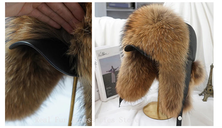 New Winter Men's 100% Real Silver Fox Fur Bomber Hat Raccoon Fur Ushanka Cap Trapper Russian Man Ski Hats Caps Real Leather