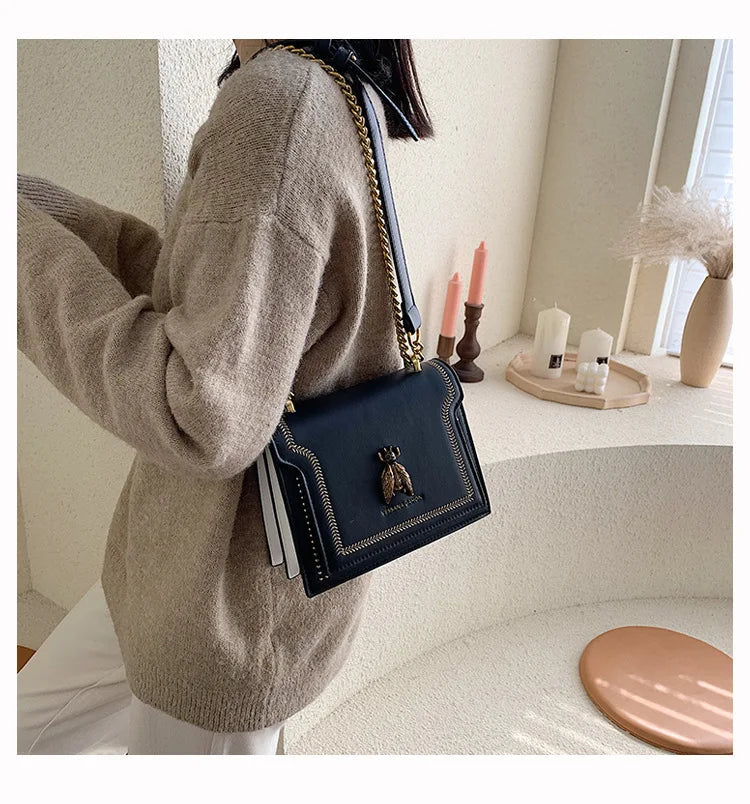 CGCBAG Luxury Brand Women Handbag 2024 New Retro Bee Female Shoulder Bag Simple High Quality Leather Designer Crossbody Bags PlatiNum