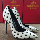 New round polka dot silk high heels with pointed toe, shallow mouth, thin heel 12cm Sexy French Girl Single Shoes PlatiNum