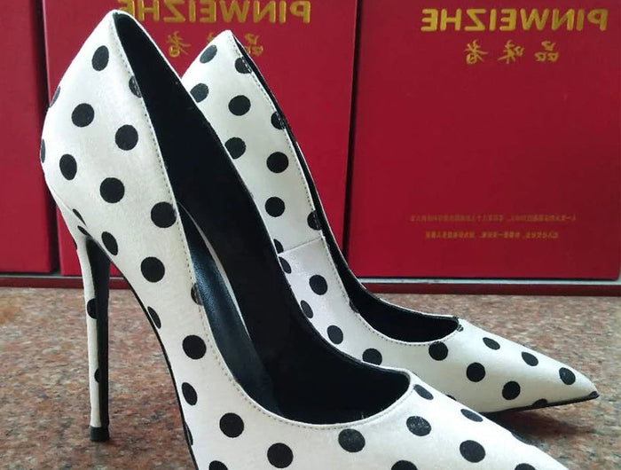 New round polka dot silk high heels with pointed toe, shallow mouth, thin heel 12cm Sexy French Girl Single Shoes PlatiNum