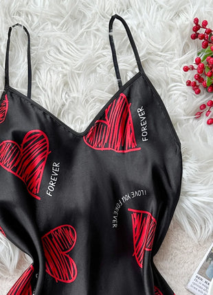 Camicia da notte sottoveste in raso con stampa labbra rosse per San Valentino, mini abito da notte senza schienale con scollo a V, abiti da notte da donna
