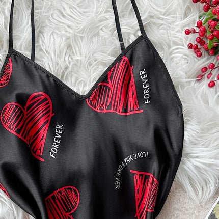Camicia da notte sottoveste in raso con stampa labbra rosse per San Valentino, mini abito da notte senza schienale con scollo a V, abiti da notte da donna