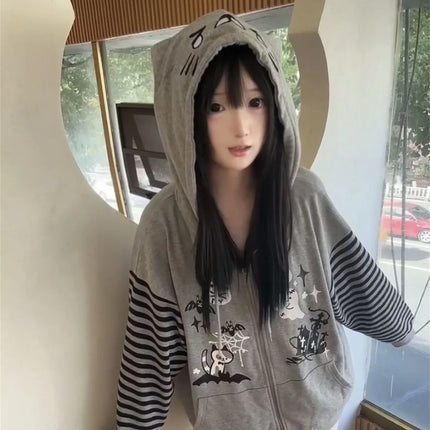 Cat Ear Hooded Sweatshirts Jackets Women Clothing Y2k Tops Patchwork Striped Anime Hoodie Ropa Mujer Casual Fashion Hoodies Coat