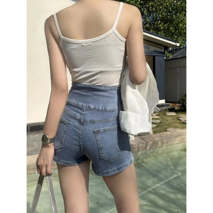 Women's super high waisted denim shorts for summer girls, new black A-line waist cinching slimming design, hot pants PlatiNum