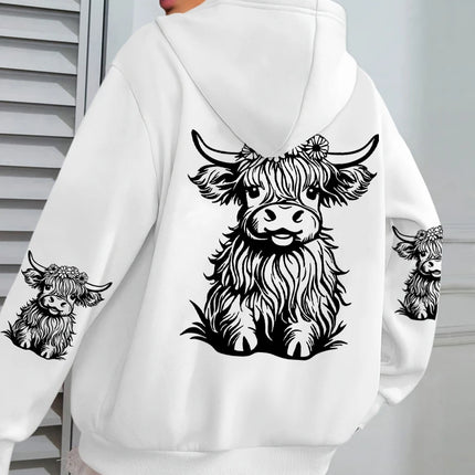 Cute Hair Cow Cartoon Printing Hoodies Womens Fleece Autumn Streetwear Comfortable Casual Hoodie Y2K Pocket All-Match Hoody