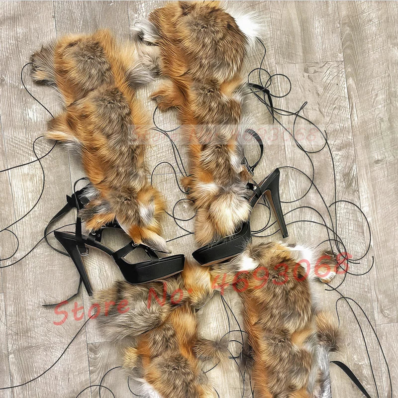 Real Fur Wrap Cross Tied Platform Sandals Women Luxury Open Toe Furry High Heels Long Shoes Ladies Sexy Colored Puttee Sandals