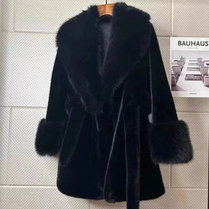 Luxury Brand Chic Faux Fur Coats Fur Collar Oversized with Belt Women Fur Jackets Winter Long Sleeve Outerwear Soft Coats New