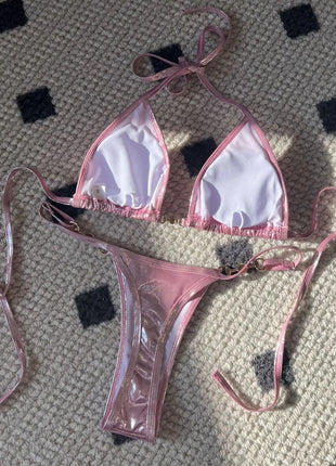 Micro Bikini Rosa Lucido da Donna, Sexy con Perle in PU, Push-Up, Perizoma, Costume da Bagno Estivo, con Lacci, per Vacanze PlatiNum
