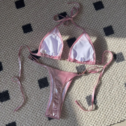 Micro Bikini Rosa Lucido da Donna, Sexy con Perle in PU, Push-Up, Perizoma, Costume da Bagno Estivo, con Lacci, per Vacanze PlatiNum