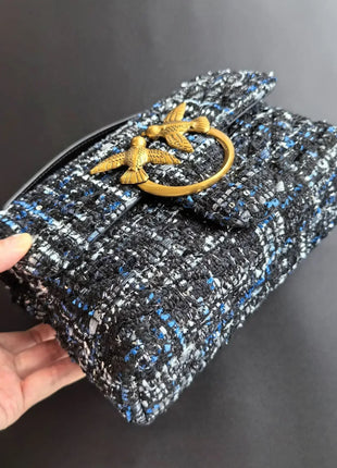 Nuova Borsa a Tracolla/Crossbody da Donna 2026 Ispirata a Pinko in Tweed con Cigno, in Vera Pelle