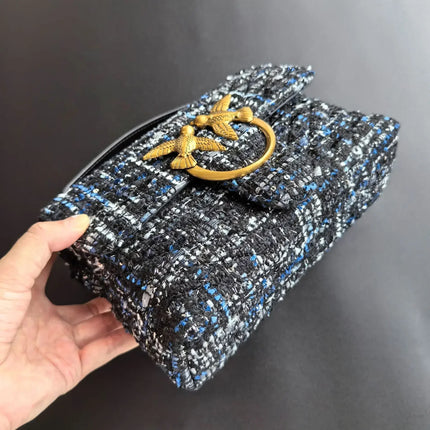 Nuova Borsa a Tracolla/Crossbody da Donna 2026 Ispirata a Pinko in Tweed con Cigno, in Vera Pelle