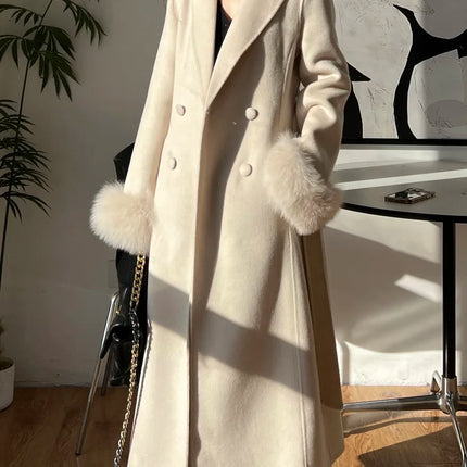 Autumn Winter Korean High-end Real Fox Fur Sleeves Women Black Slim Fit Waist Cinched Double-sided Wool Coat Long Woolen Coat