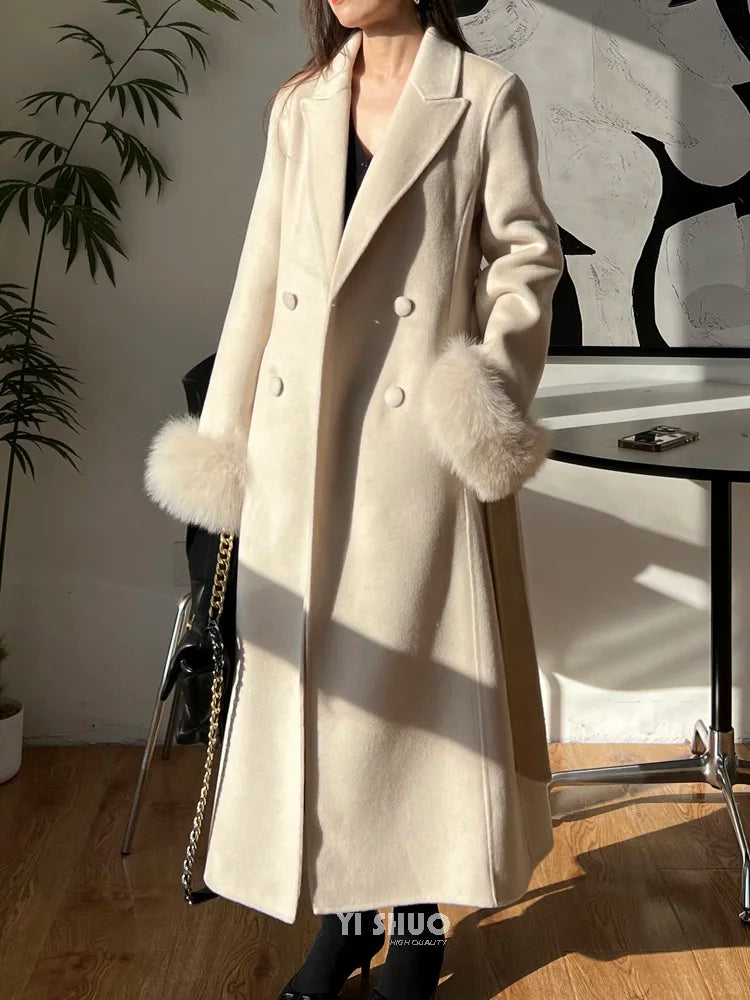 Autumn Winter Korean High-end Real Fox Fur Sleeves Women Black Slim Fit Waist Cinched Double-sided Wool Coat Long Woolen Coat