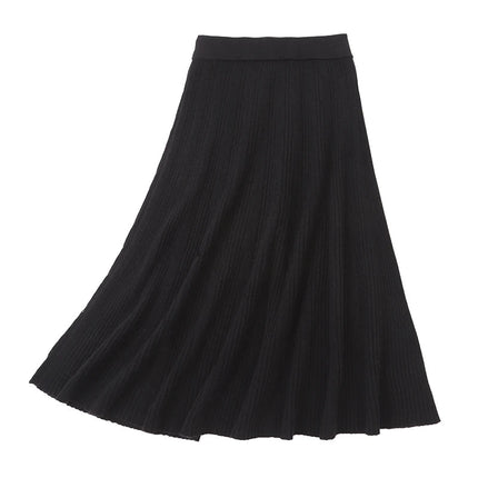 Women's 35% Cashmere 65% Wool Thickened Elastic-Waist Solid-Color Pleated Skirt, Warm & Slim-Fit PlatiNum