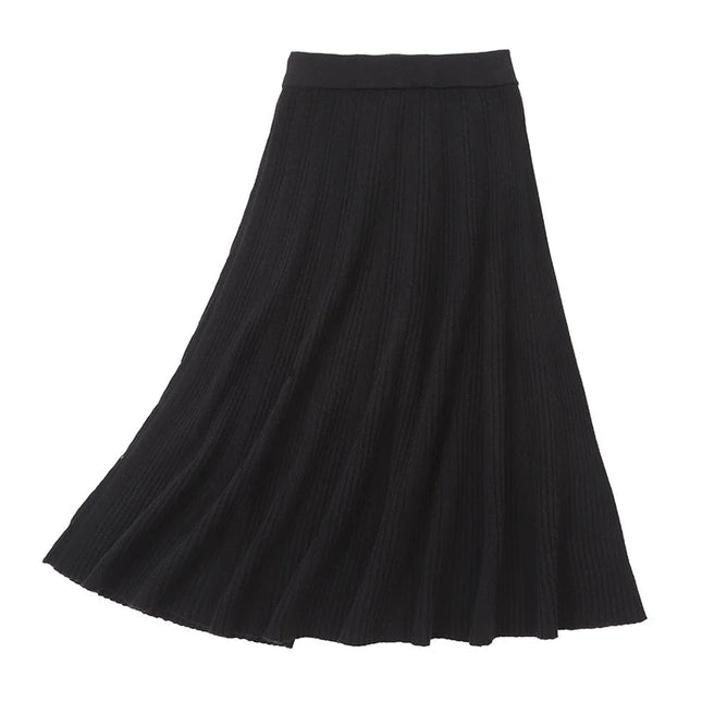 Women's 35% Cashmere 65% Wool Thickened Elastic-Waist Solid-Color Pleated Skirt, Warm & Slim-Fit PlatiNum