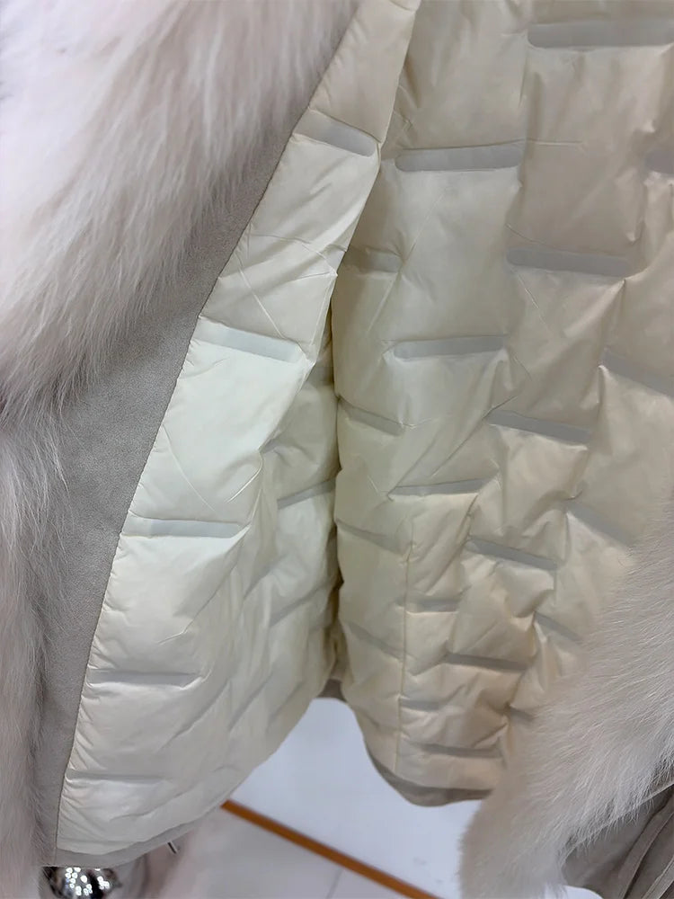 2026 Autumn Winter Women's White Goose Down Coats Natural Real Fox Fur Collar Jacket Outwear Luxury Female Jacket