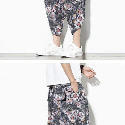 Pantaloncini Estivi Harajuku Larghi Stampati Traspiranti Casual a Lunghezza Polpaccio in Cotone Oversize da Uomo