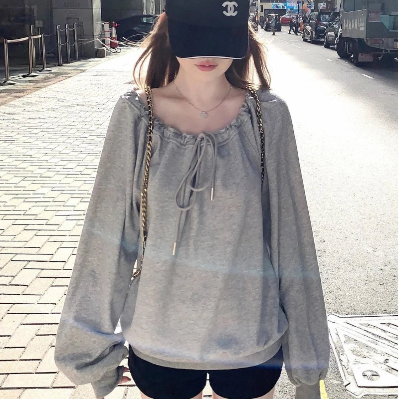 Bandage Pleated Solid Lazy Style Hoodies Sweatshirts Spring Autumn Long Sleeve Loose Fashion Tops Korean Casual Women Clothing
