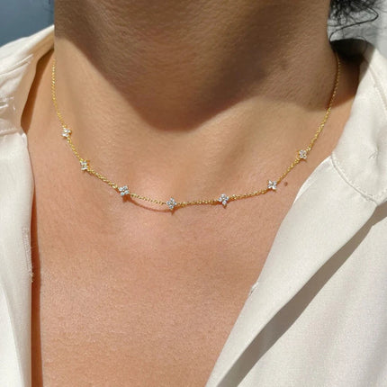 925 Silver Plated Four-leaf Flower Zircon Chain Necklace for Women Luxury Collar Charm Clover Necklaces 2025 Trend Jewelry PlatiNum