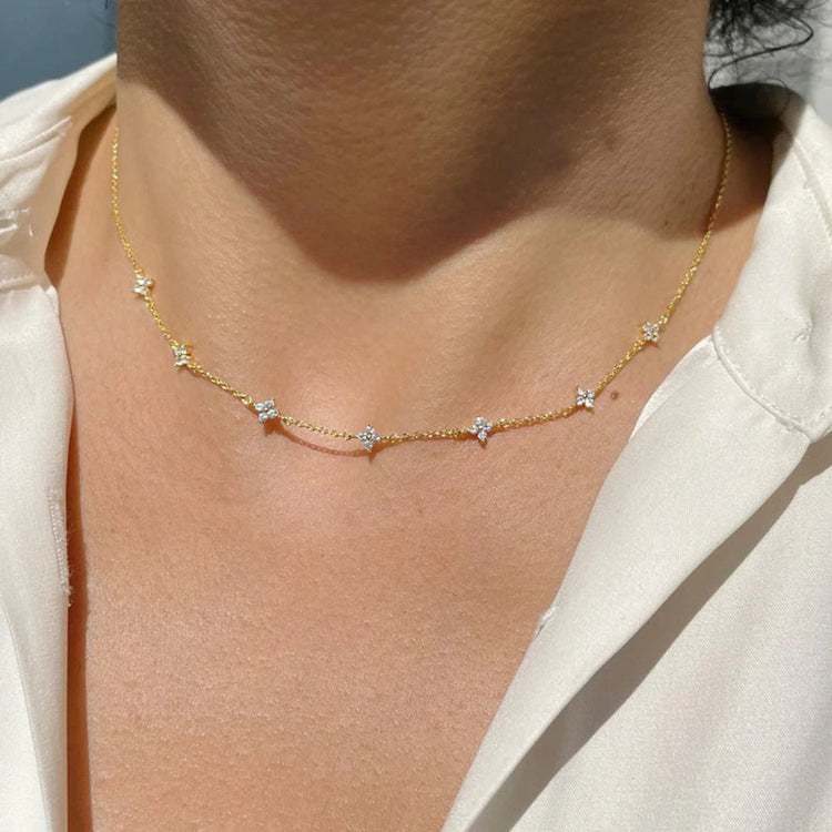 925 Silver Plated Four-leaf Flower Zircon Chain Necklace for Women Luxury Collar Charm Clover Necklaces 2025 Trend Jewelry PlatiNum
