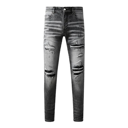 Street Designer Fashion Men Jeans Retro Gray Stretch Skinny Fit Patched Ripped Jeans Men Brand Hip Hop Y2K Denim Pants Hombre PlatiNum
