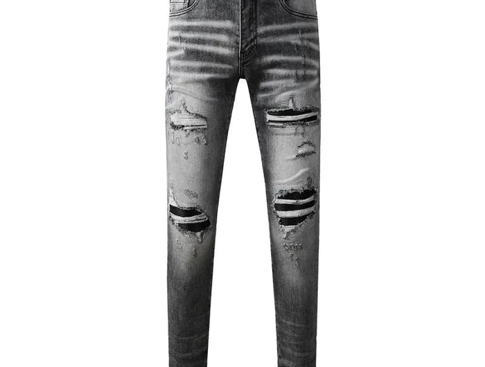 Street Designer Fashion Men Jeans Retro Gray Stretch Skinny Fit Patched Ripped Jeans Men Brand Hip Hop Y2K Denim Pants Hombre PlatiNum