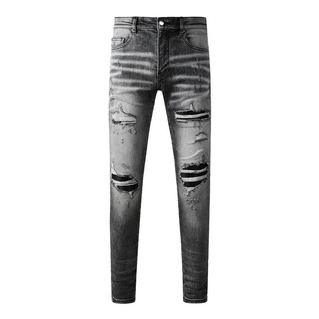 Street Designer Fashion Men Jeans Retro Gray Stretch Skinny Fit Patched Ripped Jeans Men Brand Hip Hop Y2K Denim Pants Hombre PlatiNum