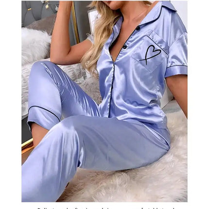Lussuoso pigiama in raso per donna 2 pezzi pigiama Set tasca cuore ricama pigiameria autunno manica lunga top e pantaloni pigiama femminile platinumshop