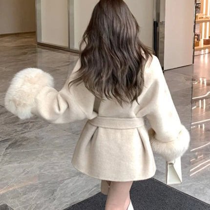 Coats for Women Autumn Winter New Elegant Long Sleeves V Neck Lace Up Woolen Coat Korean Fashion Casual Loose Street Trends Coat