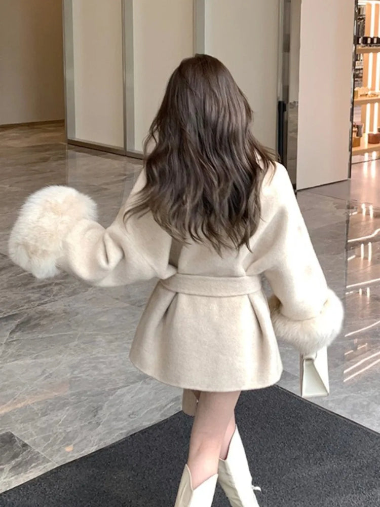 Coats for Women Autumn Winter New Elegant Long Sleeves V Neck Lace Up Woolen Coat Korean Fashion Casual Loose Street Trends Coat