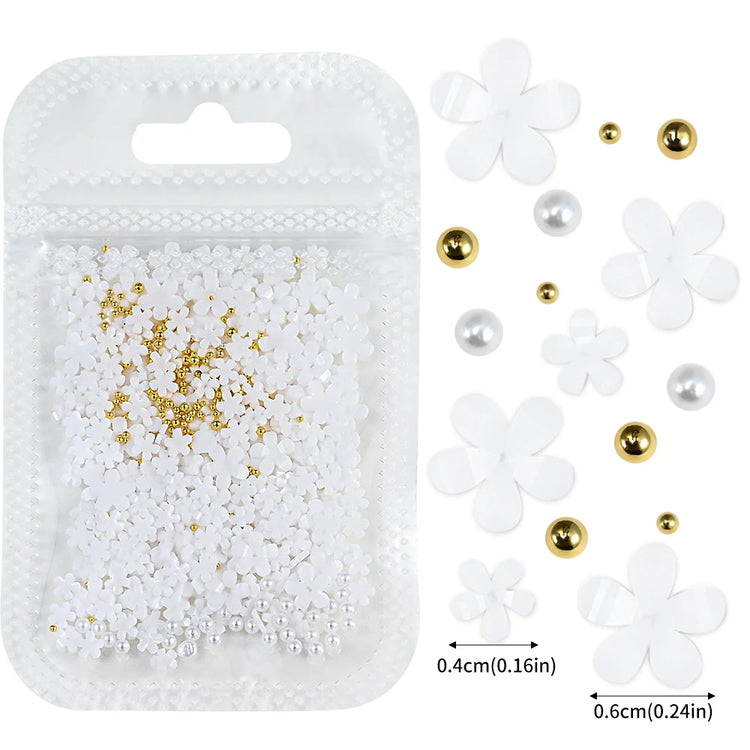 1box 3D Flower Bow Nail Art Decorations Kit Pink/White Acrylic Floral/Peal Beads Nail Charm with Wax Pen/Tweezer 4/6mm Nail Part Nail