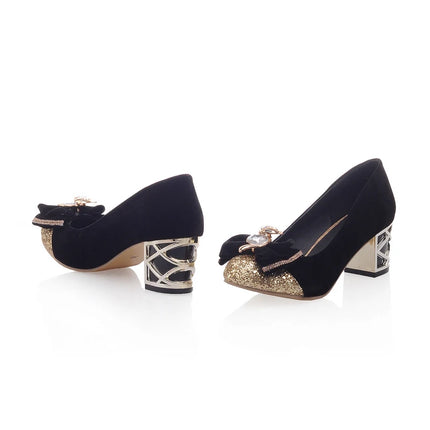 Scarpe décolleté da donna casual con tacco basso in cristallo blu di lusso Scarpe da festa di nozze con tacco nero rosa legato con fiocco dolce da donna