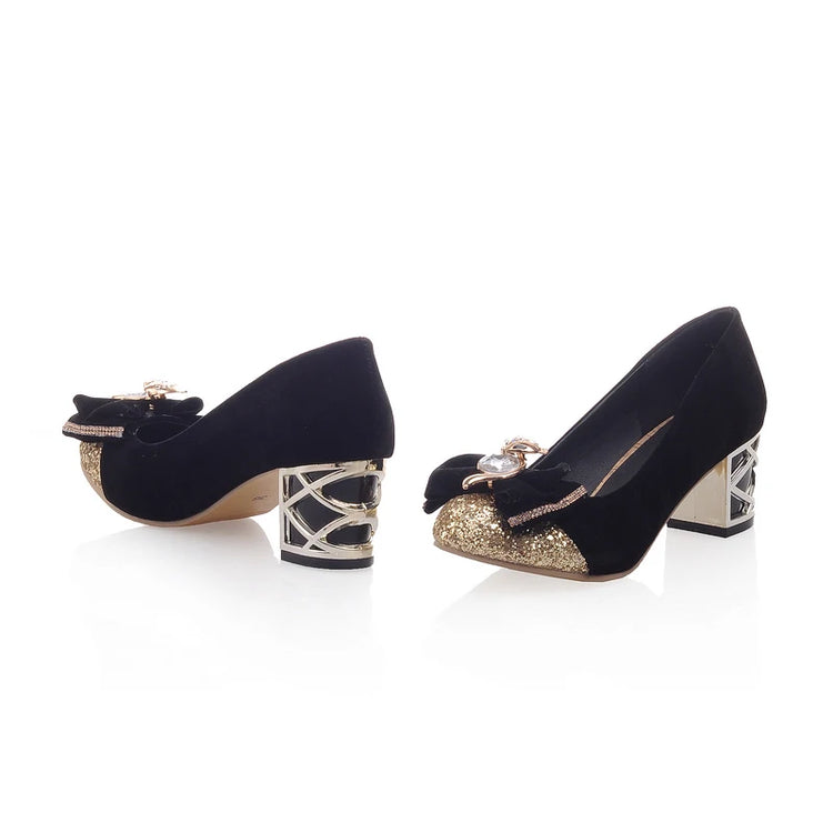 Scarpe décolleté da donna casual con tacco basso in cristallo blu di lusso Scarpe da festa di nozze con tacco nero rosa legato con fiocco dolce da donna