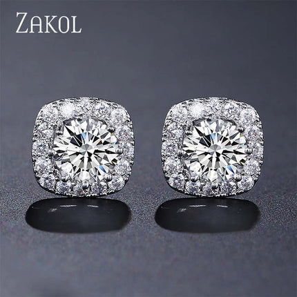 ZAKOL Classic White Square CZ Orecchini Della Stud Per Le Donne Squisite Rotondo Cubic Zirconia Cristallo Orecchini Regalo platinumshop