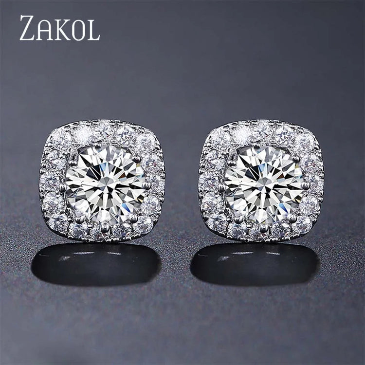ZAKOL Classic White Square CZ Orecchini Della Stud Per Le Donne Squisite Rotondo Cubic Zirconia Cristallo Orecchini Regalo platinumshop