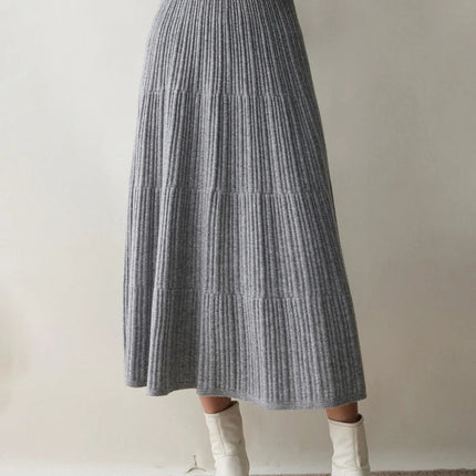 Autumn Winter Women Tiered Skirt Cashmere A-line Pleated Skirt Elastic Waist 100% Cashmere Knitted High Quality Soft Solid Dress PlatiNum