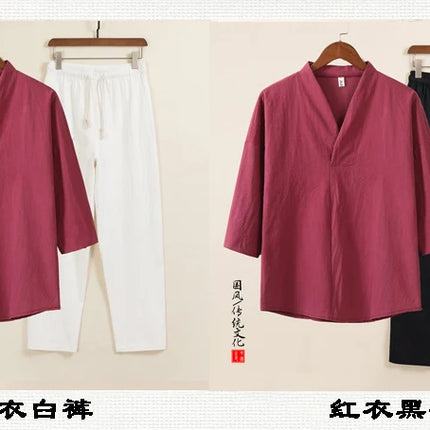 Set da due pezzi da uomo in cotone di lino confortevole (camicie + pantaloni) stile cinese retrò a maniche corte da uomo casual vestito di linguetta pantaloni Kungfu