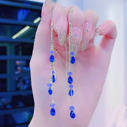 Luxury Temperament Green Zircon Drop Earrings For Women Korean Fashion Long Tassel Rhinestone Earring Wedding Party Jewelry PlatiNum