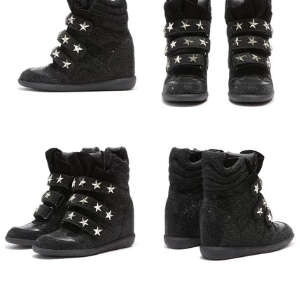 Women Rhinestone High Top Sneakers Hidden Wedge Heel Shoes Star Decor Hook & Loop Fashion Platform Ankle Boots