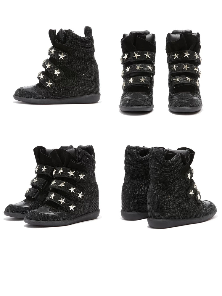 Women Rhinestone High Top Sneakers Hidden Wedge Heel Shoes Star Decor Hook & Loop Fashion Platform Ankle Boots