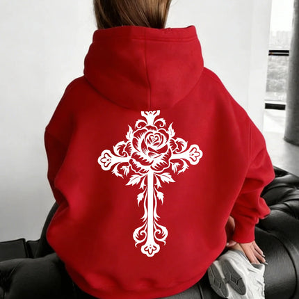 Women Rose Cross Carved Print Hoodie Unisex Autumn Winter Fleece Oversized Hooded Everyday Outdoors Hoodie for Any Occasion