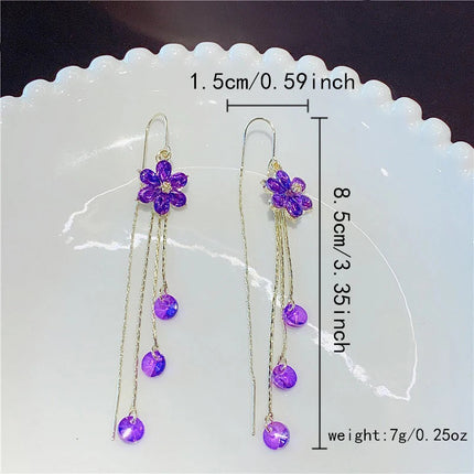 Green Shiny Zircon Flower Drop Earrings For Women Luxury Crystal Long Tassel Ear Line Hanging Earring Girls Wedding Jewelry Gift PlatiNum